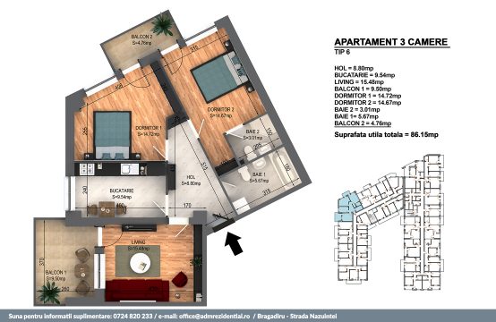 Apartament Bragadiru 3 camere – Bloc 4 – 86,15 mp – Tip 06