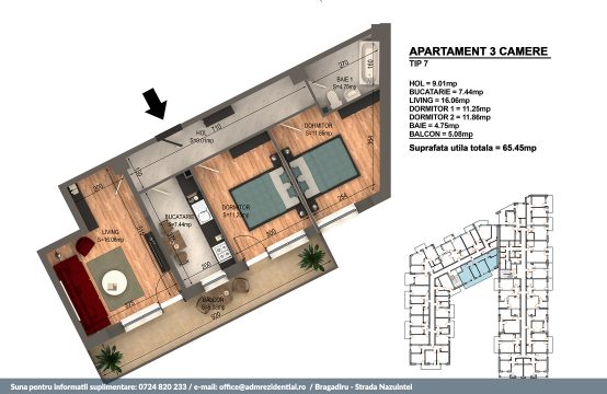 Apartament Bragadiru 3 camere – Bloc 4 – 65.45 mp – Tip 07