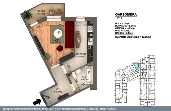 Garsoniera Bragadiru – Bloc 4 – 43,56 mp – Tip 10