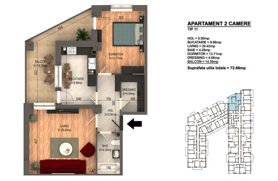 Apartament Bragadiru 2 camere – Bloc 4 – 72,66 mp – Tip 11