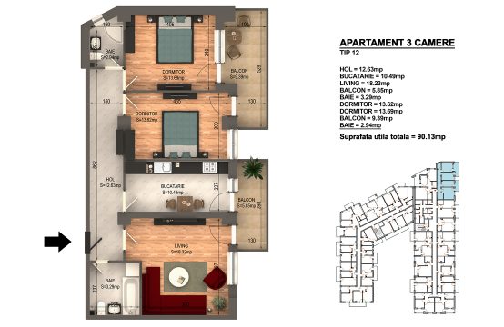 Apartament Bragadiru 3 camere – Bloc 4 – 90,13 mp – Tip 12