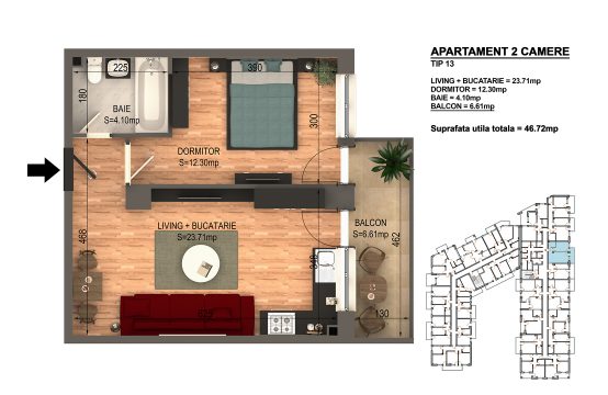 Apartament Bragadiru 2 camere – Bloc 4 – 46,72 mp – Tip 13