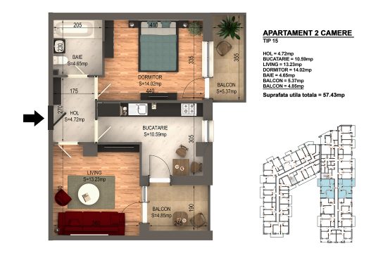 Apartament Bragadiru 2 camere – Bloc 4 – 57,43 mp – Tip 15