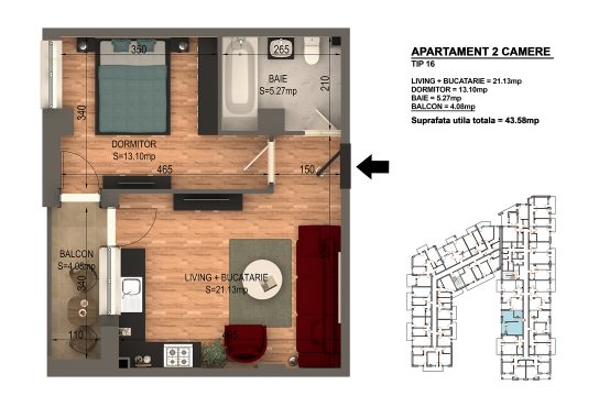 Apartament Bragadiru 2 camere – Bloc 4 – 43,58 mp – Tip 16