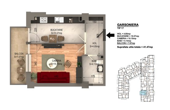 Garsoniera Bragadiru – Bloc 4 – 41,47 mp – Tip 17