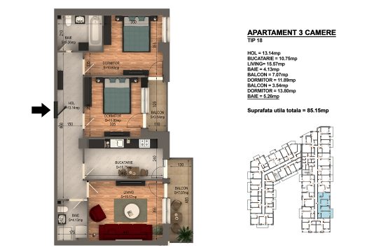 Apartament Bragadiru 3 camere – Bloc 4 – 85,15 mp – Tip 18