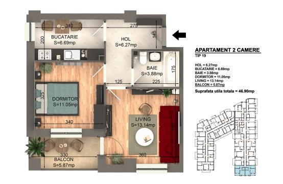 Apartament Bragadiru 2 camere – Bloc 4 – 46,9 mp – Tip 19