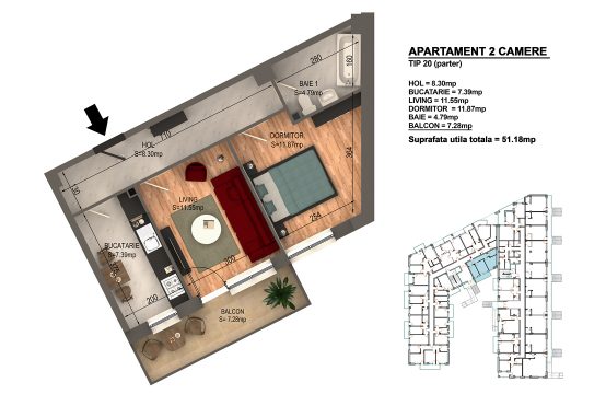 Apartament Bragadiru 2 camere – Bloc 4 – 51,18 mp – Tip 20 parter