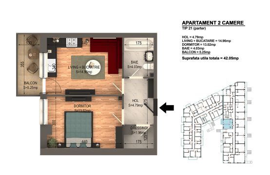 Apartament Bragadiru 2 camere – Bloc 4 – 42,05 mp – Tip 21 parter